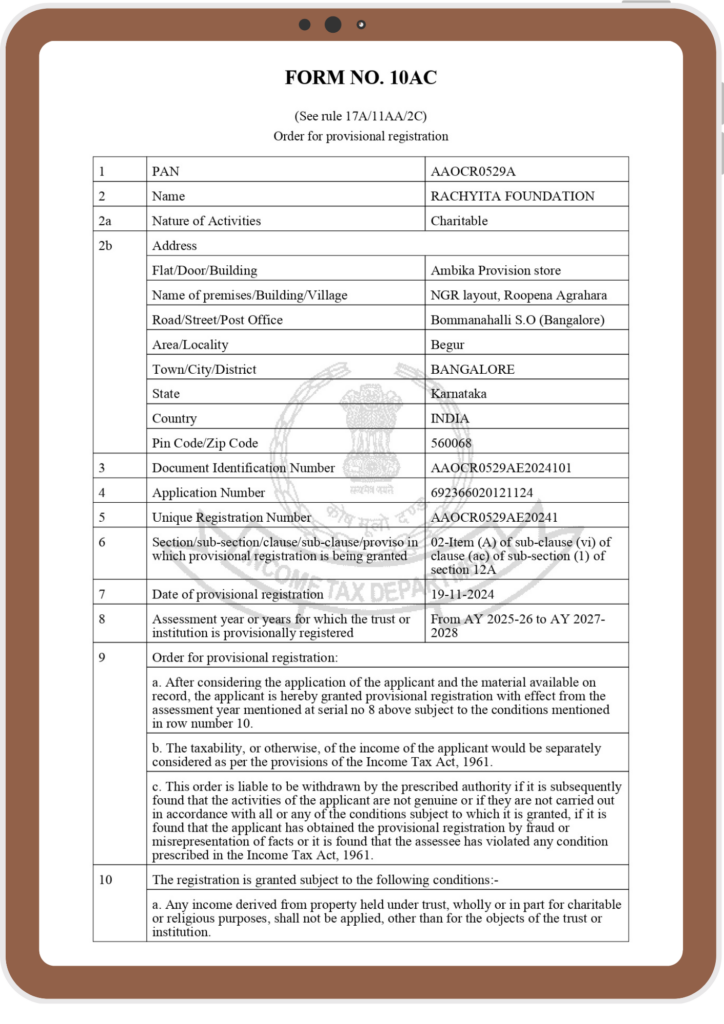 rachyita Foundation 10A Certificate