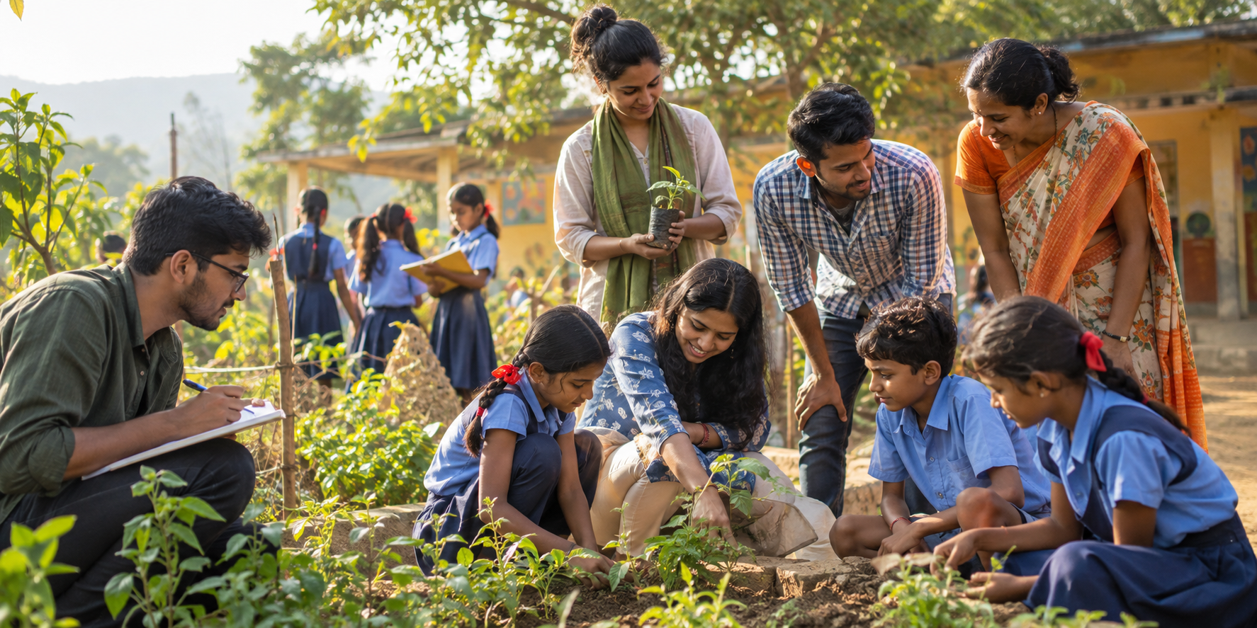Students and NGO workers conducting a community learning project