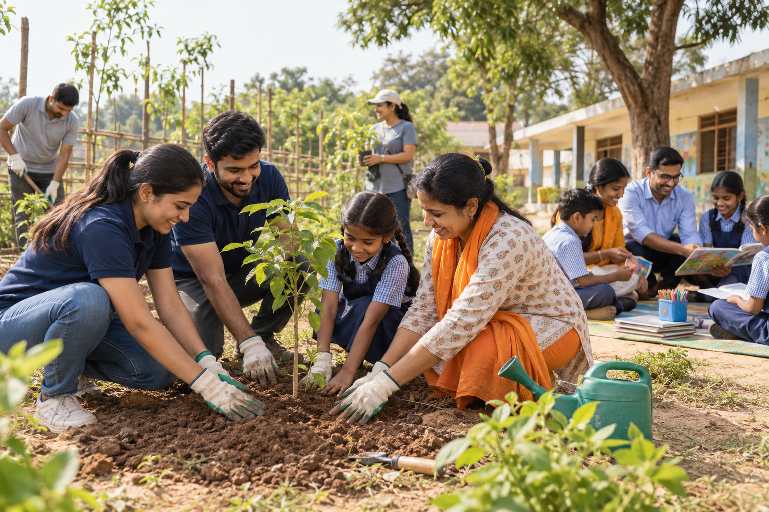 Corporate volunteers and NGO workers supporting children and planting trees