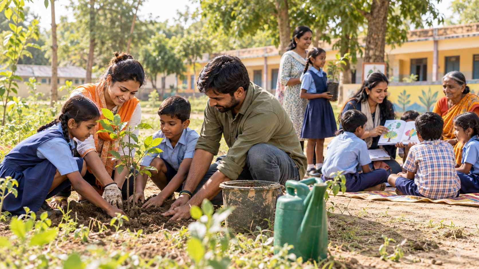 NGO volunteers supporting children and planting trees